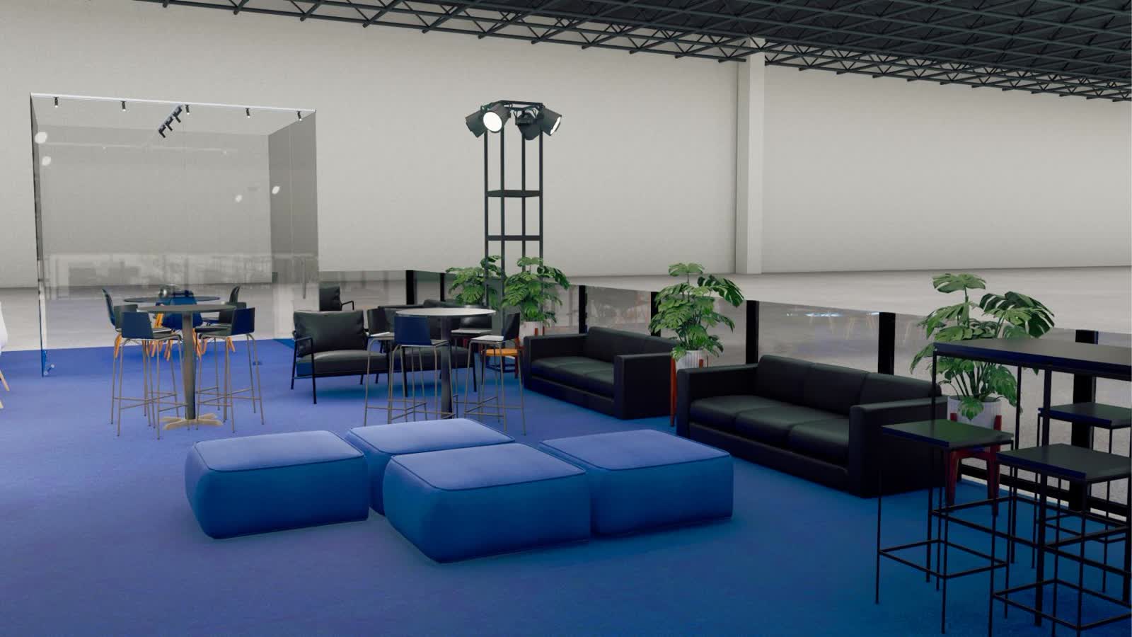 Perspectiva do projeto do lounge da comunidade com sofás, mesas e plantas