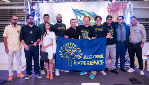 Integrantes da comunidade reunidos com a bandeira AI Brasil Experience