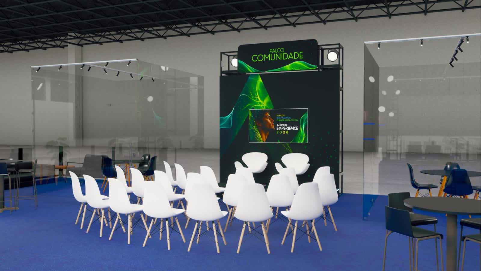 Perspectiva do projeto do Palco Comunidade com tela central e plateia